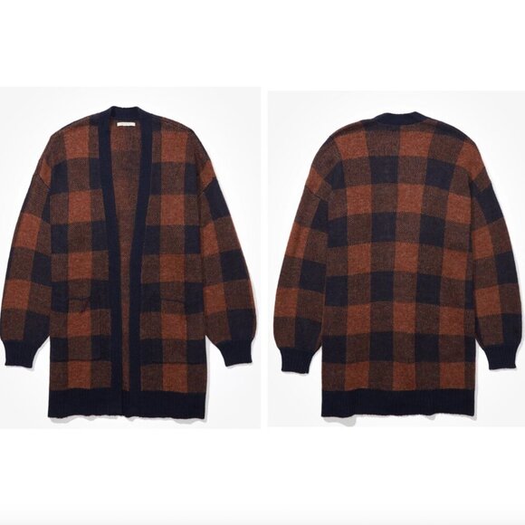 AE American Eagle Oversized Wool Plaid Cardigan Navy Brown Navy Brown – XS - Picture 3 of 13